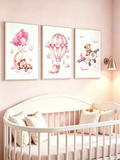 3 piezas de arte de pared en lienzo, pósteres impermeables sin marco, impresión de oso de peluche, luna, globo de aire caliente y avión, decoración del hogar, dormitorio de niños y niñas, regalo perfecto