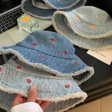 3pcs Light Blue Denim Women's Bucket Hat, Embroidered Floral Frayed Edge Bucket Hat, Big Head Friendly Slimming Face Sun Protection Bucket Hat - Multicolor - View 8