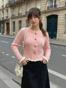 Women's Graduation Season Casual Vacation Round Neck Cream Yellow Ruffle Button Knit Pullover, Suitable For Work/Office - Pink - View 6