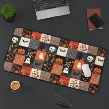 1pc Large Halloween Patchwork Pumpkin Mouse Pad, Vintage Black Cat Skull Ghost Bat Retro Desk Mat, Non-Slip Gaming Keyboard Pad - View 4
