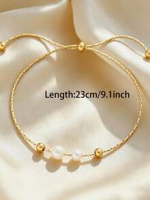 1pc Elegant Fashion Faux Pearl Beaded Adjustable Bracelet, Minimalist Women's Accessory Gift - Gold - View 3