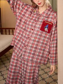 Gongdie 2 Pieces Disney Mickey Christmas Pajamas For Women,Fall Red Plaid Soft Cotton Loungewear With Pocket - Red - View 3