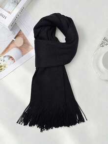 1pc Unisex Plaid Fringe Scarf, Suitable For Daily Use, Men Scarf Men Accessories - Black - View 3