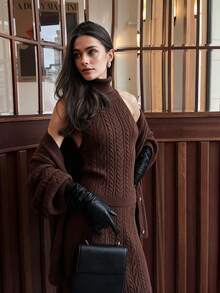 NOVELLE Women's Halter High Neck Knit Sweater Set, Autumn Winter Loose Cardigan Slim Fit Midi Dress, For Daily Going Out, Commute And Dating - Brown - View 3