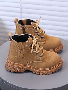 Retro Kids Lace-Up Ankle Boots Side Zipper Easy On/Off Thick Rope Laces Chunky Sole Non-Slip Casual Shoes For Boys Girls School Daily Wear - Khaki - View 4
