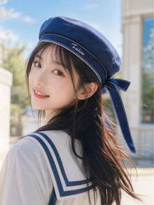 Japanese Sweet Style Women's Cute Ribbon Bow Beret Hat, Korean Version Versatile Letter Embroidery Flat Top Bucket Hat - Multicolor - View 2