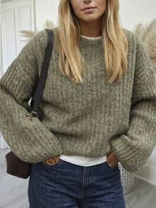 Women's Casual Ribbed Pullover Knit Sweater, Long Sleeve Basic Top For Fall Winter Daily Commute Outfits Basic Blouses Going Out Outfits - Olive Green - View 1