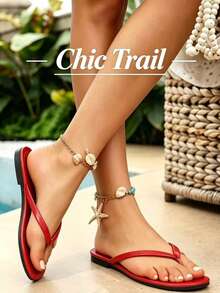 Women's Solid Color Round Toe Flat Sandals, Suitable For Beach, Home, Fashionable Casual Wear - Red - View 1