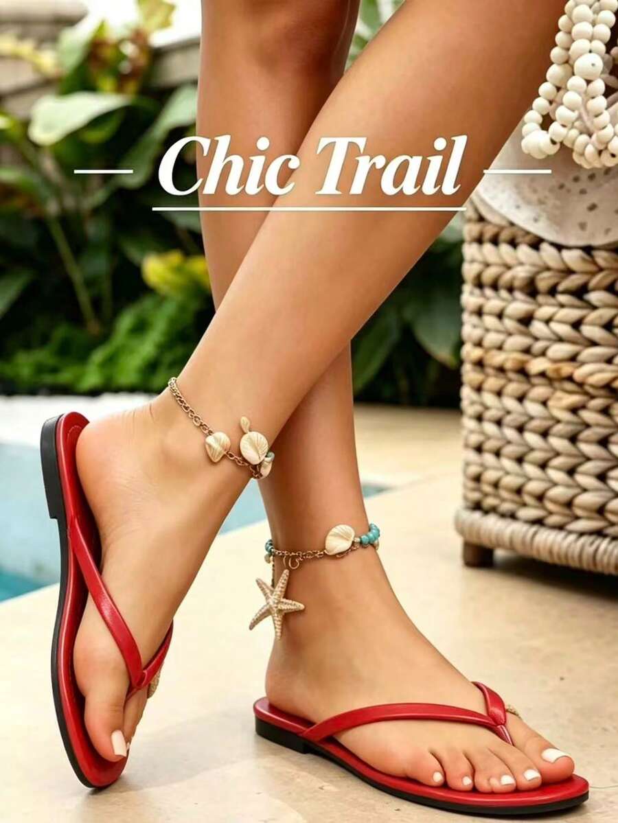 Women's Solid Color Round Toe Flat Sandals, Suitable For Beach, Home, Fashionable Casual Wear - Red - View 1