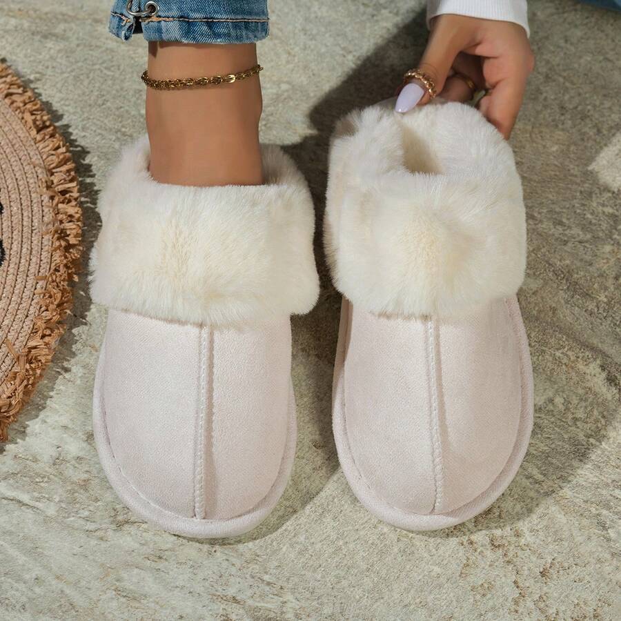 Women's Warm Casual Plush Closed-Toe Fuzzy Slippers, Non-Slip Wear-Resistant Indoor House Shoes - White - View 1