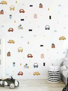 1pc House & Car Print Wall Sticker, Cartoon PVC Wall Decal For Home Decoration,Stickers,Wall Decal, Vinyl Decal For Home Decorations,Spring Decoration Items Refresh Your Home,Rama Decoration Stickers - Multicolor - View 1