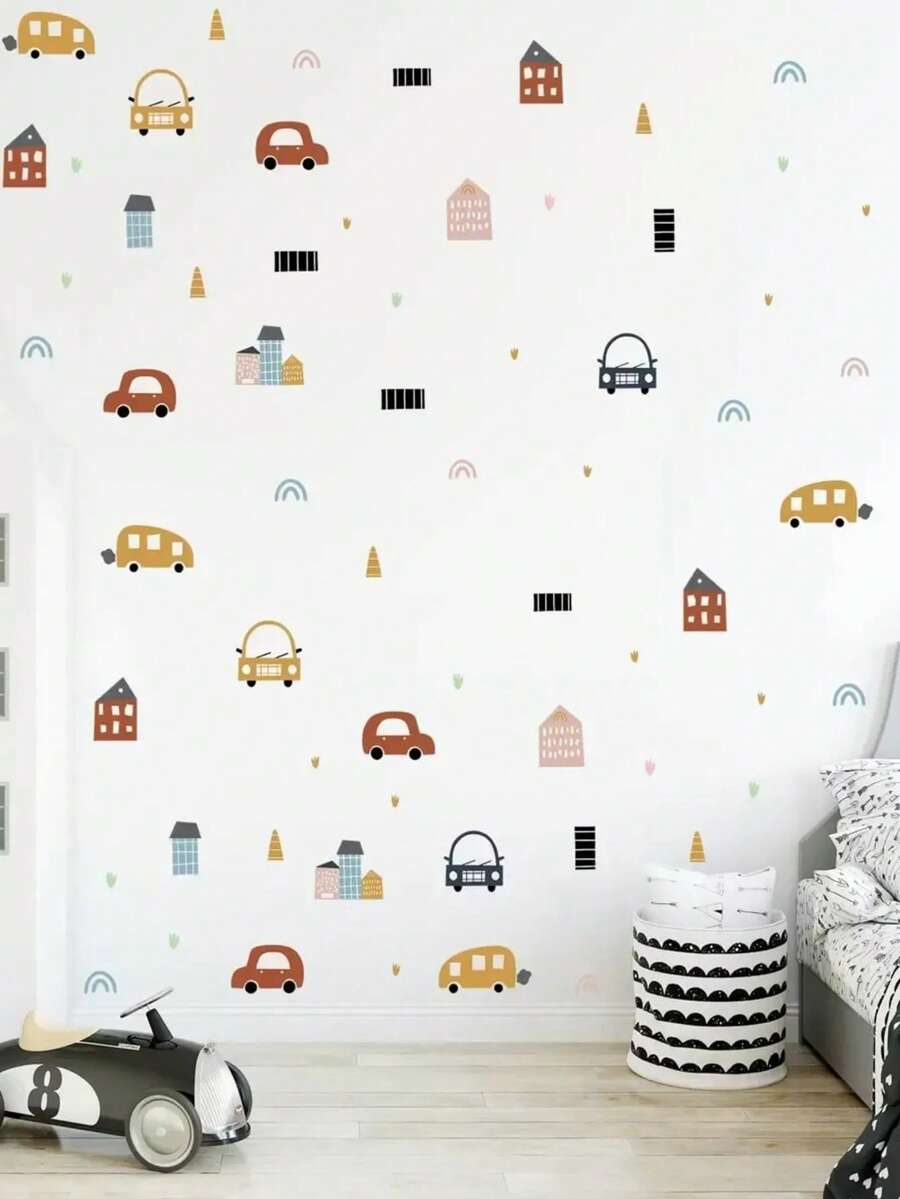 1pc House & Car Print Wall Sticker, Cartoon PVC Wall Decal For Home Decoration,Stickers,Wall Decal, Vinyl Decal For Home Decorations,Spring Decoration Items Refresh Your Home,Rama Decoration Stickers - Multicolor - View 1