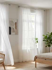 1pc Sheer Curtains For Living Room & Bedroom, Vertical Striped Lightweight Voile, Rod Pocket, Light Filtering Privacy Window Drapes, Solid Color, White - White - View 6