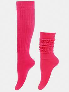 1/3/6 Pairs Women's Mid-Calf Loose Socks, Solid Color Long Socks - Hot Pink - View 4