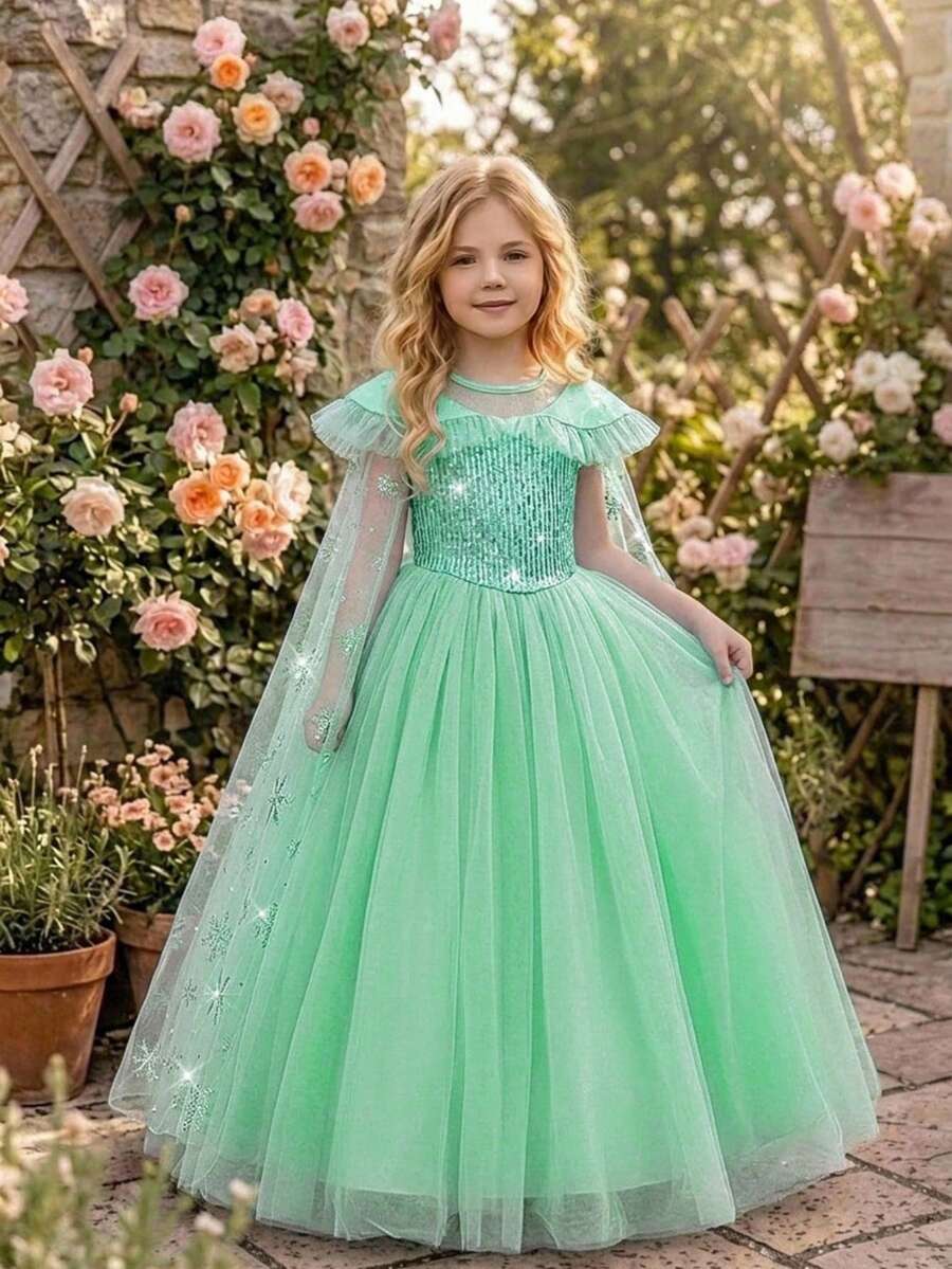 Young Girls Solid Color Sequin Print Elegant Princess Dress Suitable For Ball, Birthday Party, Wedding Flower Girl Dress With Cape - Mint Green - View 1