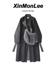Elegant Slimming Pale Yellow Overcoat With Buttons, Airport Outfit, Evening Date, Daily Wear, Autumn/Winter - Dark Grey - View 8
