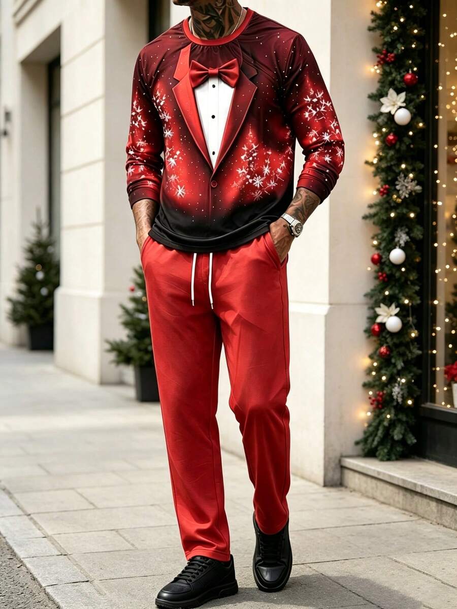 Men's Christmas Funny Element Print Long Sleeve T-Shirt And Pants Set - Multicolor - View 1