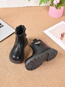 Girls' Minimalist Ankle Boots With Butterfly Rhinestone Buckle, Back Zipper, Thick Sole, Durable, Fashionable, Versatile Casual Boots For Autumn/Winter - Black - View 5