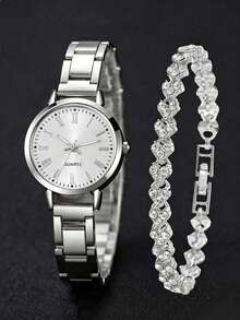 2PCS Women's Quartz Watch Full Rhinestone Bracelet Silver Alloy Band Roman Numeral Dial Round Face Elegant Fashion Casual Luxury Style For Daily Wear Decoration Or Various Festival Gifts To Female Friends - Silver - View 1