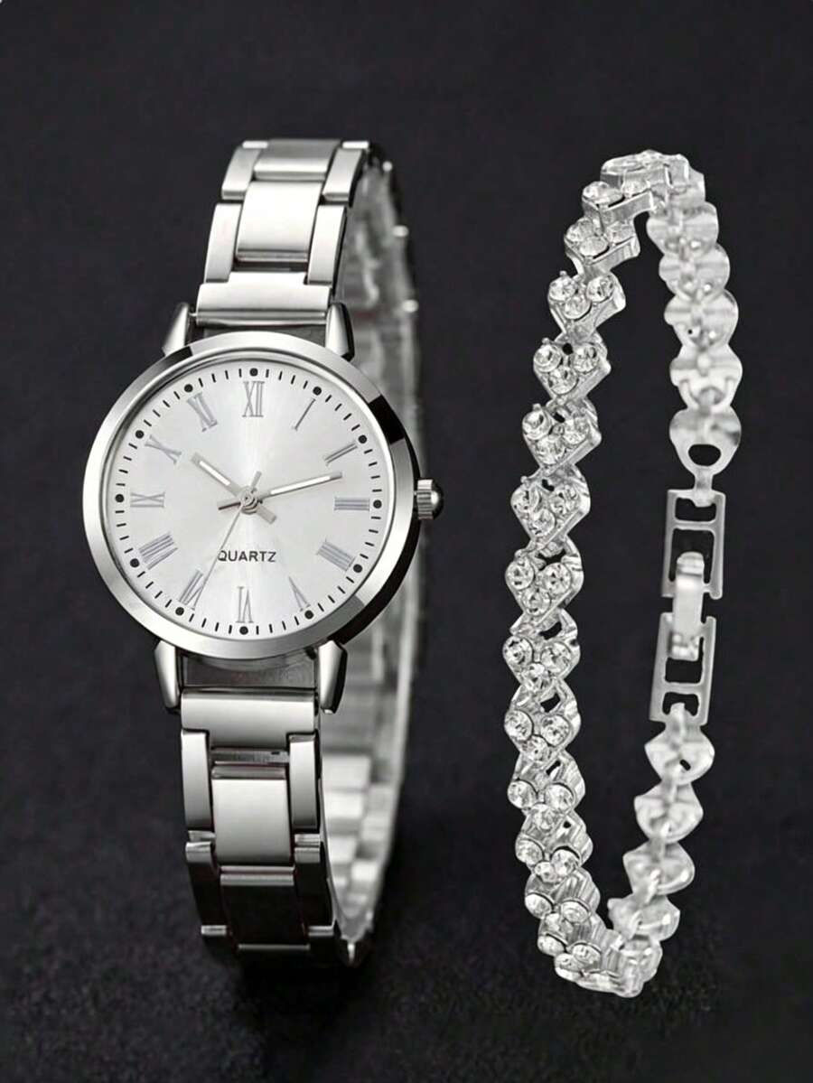2PCS Women's Quartz Watch Full Rhinestone Bracelet Silver Alloy Band Roman Numeral Dial Round Face Elegant Fashion Casual Luxury Style For Daily Wear Decoration Or Various Festival Gifts To Female Friends - Silver - View 1