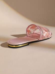 Women's Shiny Floral Lace Embroidered Flat Slide Sandals, Summer Open Toe Casual Slippers - Watermelon Pink - View 6