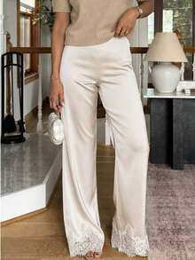 Women's Elegant Satin Wide Leg Pants Lace Trim Hem High Waist Loose Fit Flowy Trousers - Apricot - View 3