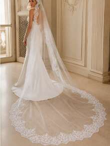 1pc Elegant Vintage Lace Bridal Veil With Metal Comb, Perfect For Vienna Cathedral & Church Weddings - Straight White - View 5