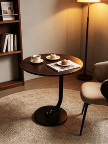 Modern Round Side Table, 40 Cm Marble-Effect & Walnut Top, 58 Cm High, Thick Steel Frame, Sofa & Bedside Accent Table – 3 Colours - Black - View 7