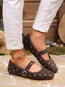 Women's Coffee Brown Suede Polka Dot Flat Mary Jane Shoes With Single Strap, Versatile Fashion Daily Wear - Coffee Brown - View 2