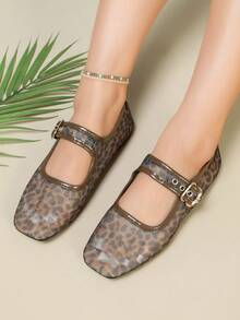 Women's Coffee Brown Flat Mary Jane Shoes With Leopard Print Mesh And Buckle Strap - Coffee Brown - View 2