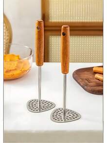 Stainless Steel Potato Masher With Wooden Handle, Handheld Potato Masher, Multifunctional Auxiliary Food Masher, Food Masher For Pumpkin, Purple Sweet Potato, Potatoes And Other Vegetables, Cooking And Kitchen Gadgets - Multicolor - View 3
