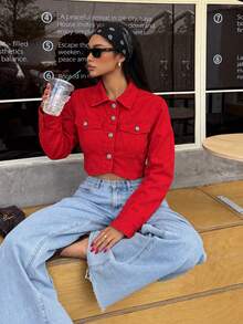 Women's Red Short Denim Shacket, Long Sleeve Shirt Collar Jacket, Gold Button Detail, Non-Stretch Fabric, Suitable For Daily Wear - Red - View 5