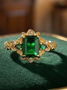 Elegant And Luxurious Square-Cut Green Cubic Zirconia Ring. Suitable For Weddings Daily Dates And As A Valentine's Day Gift. - Gold - View 3