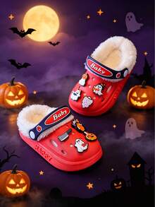 Halloween Ghost Pumpkin Decor Thermal Lined Warm Children's Clogs, Soft Plush Interior Non-Slip Autumn/Winter Boys & Girls Slip-On Thermal Slippers - Red - View 4