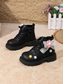 Girls' Sweet Floral Boots, Autumn/Winter Thermal Lined Little Princess Ankle Boots, Children's Non-Slip Thick Sole Fashion Boots - Black - View 1