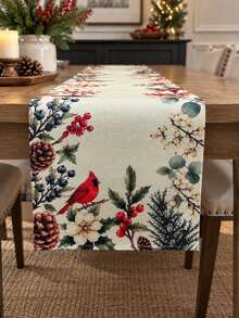 Christmas Cardinal Bird Holly Red Berry Pinecone Print Table Runner, Vintage Botanical Fabric Table Runner, Xmas Holiday Dining Table Decoration - Christmas Pine Cone Print - View 10