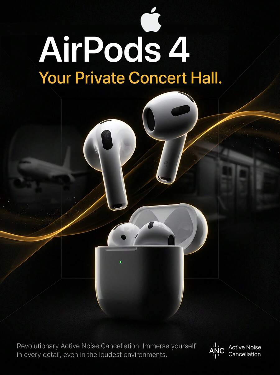 Apple AirPods 4 Wireless Earbuds, Bluetooth Headphones, Comfortable Fit, Personalized Spatial Audio, USB-C Charging Case, H2 Chip, Automatic Device Switching, Multi-Device Audio Sharing, Up To 30 Hours Battery Life, White - View 1