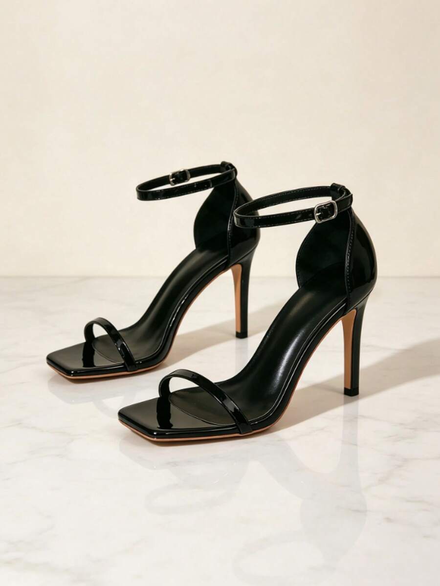 Stiletto High Heel Sandals, Square Toe Design, Buckle Ankle Strap, Elegant Evening Shoes, Suitable For Parties And Dates - Black - View 1