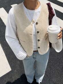 Autumn/Winter Casual Versatile Colorblock Trim Vest - Apricot - View 2