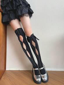 STAR RIVER Japanese Vintage Y2K Hollow Turn Collar Metal Button Over Knee Socks, Gothic Lace Trim Long Tube Socks Ins - Multicolor - View 8