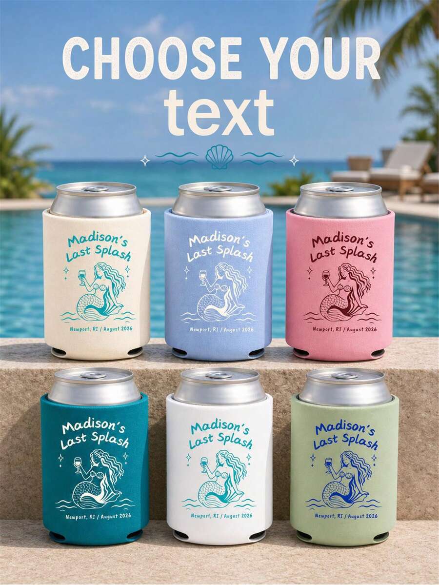 Personalized Neoprene Can Cooler, Custom Text Collapsible Insulated Can Sleeve, Mermaid Line Art Drink Holder For Beach And Pool Parties, Last Splash Celebrations And Bachelorette Party Favors - Multicolor - View 1