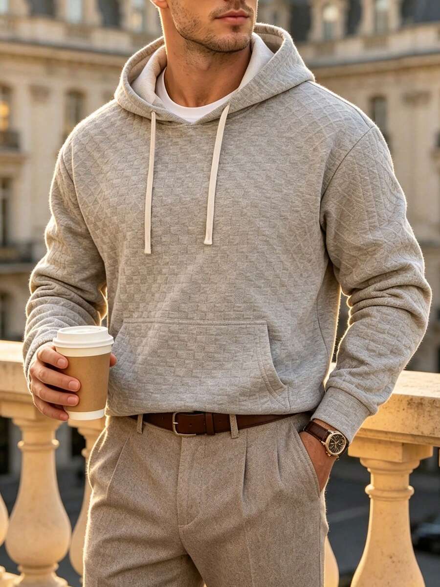 Grey Textured Jacquard Hooded Sweatshirt, Men's Spring/Autumn Versatile Casual Hoodie - Grey - View 1