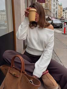 Live To Mo White Asymmetric Slant Off Shoulder Knit Sweater, Elegant Long Sleeve Waist Knitted Top Suitable For Daily, Commute & Back To School Fall - White - View 1