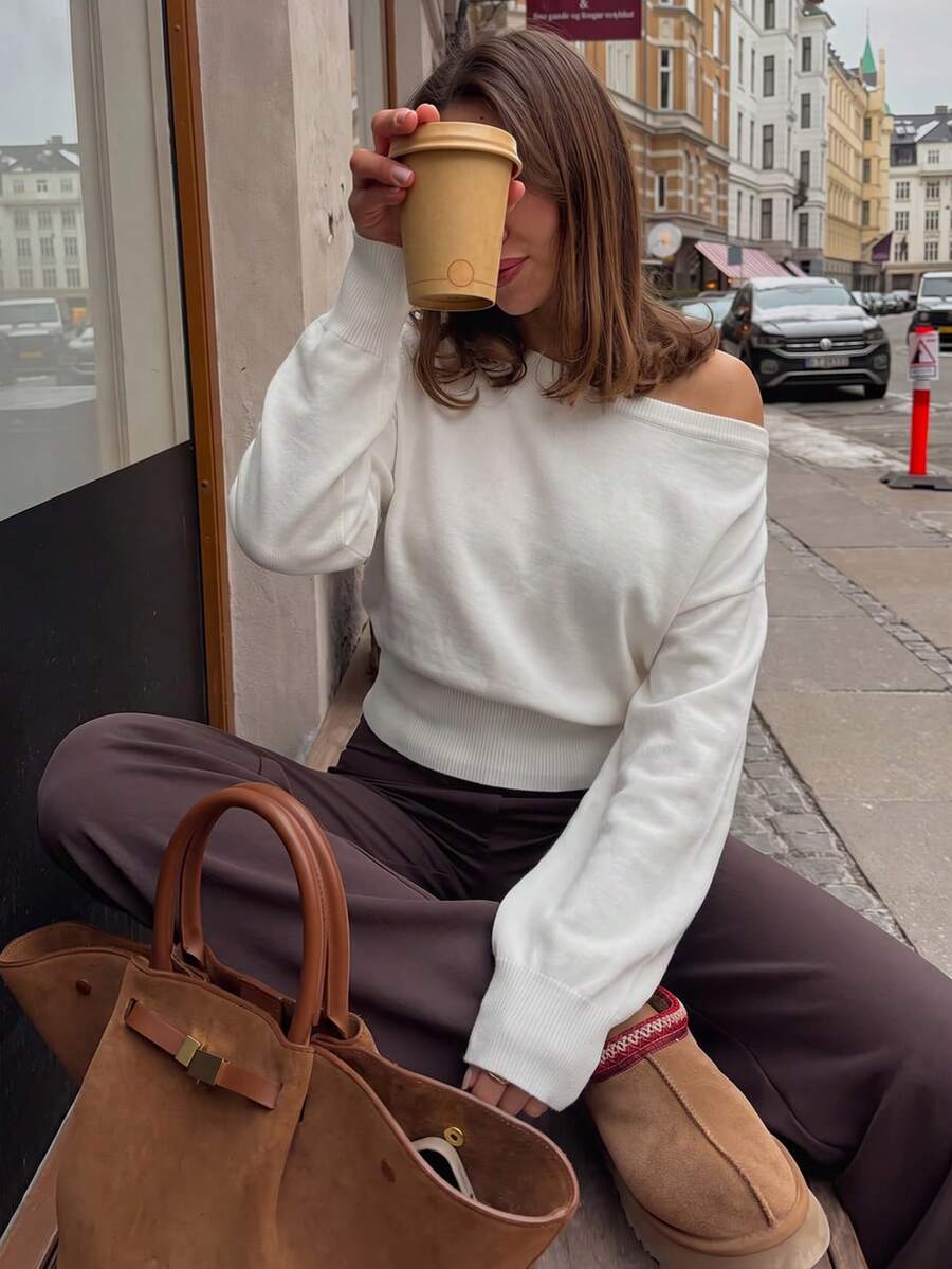 Live To Mo White Asymmetric Slant Off Shoulder Knit Sweater, Elegant Long Sleeve Waist Knitted Top Suitable For Daily, Commute & Back To School Fall - White - View 1