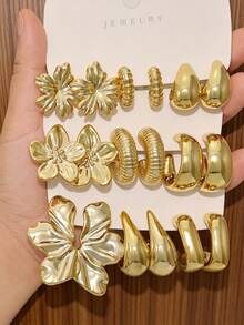 6/18pcs Gold Flower Earrings Set, Textured Water Drop C-Shaped Hoop Earrings, Metallic Mixed Layering Style, Women's Daily Party Fashion Jewelry Gift - Gold - View 14