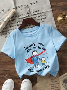 Baby Boy Summer Casual Short Sleeve T-Shirt, "Daddy Is My Hero" Print Round Neck Top, Suitable For Newborn And Toddler - Baby Blue - View 4