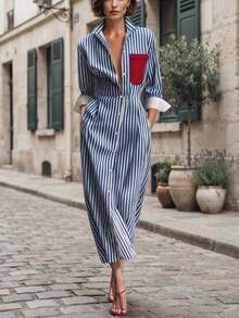 Autumn Casual Vacation Striped Colorblock Shirt Pocket Midi Dress Elegant - Blue - View 7