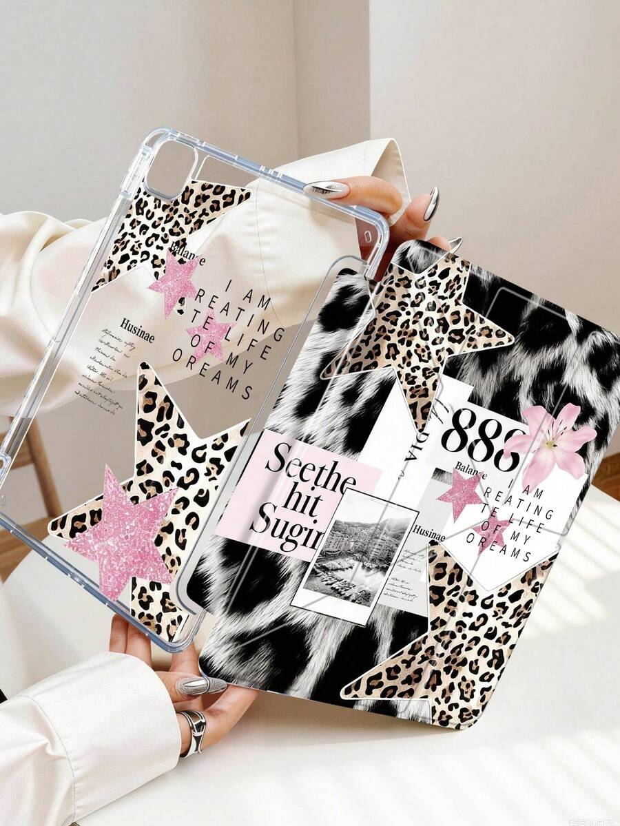 1pc Leopard Print Star Patchwork Floral Letter Tablet Case Compatible With IPad Mini6/Mini7/10.2/10.5/10.9 (Air4-Air8)/Pro 11/10th Gen/A16/Pro 11 2024, Double-Sided Painted Pattern Tablet Case, Transparent Acrylic Back Shell, Silk Texture 8-Angle Stand, Auto Sleep/Wake, Built-In Pen Slot, Pen Not Included, Some Models With Camera Frame - Multicolor - View 1