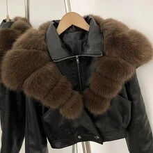 OFTBUY Women's Faux Fur Collar Short PU Leather Biker Jacket, Back Tie Waist Design Motorcycle Short Coat - Black + Coffee - View 5
