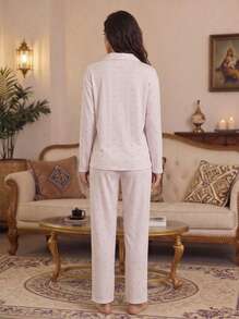 2pcs/Set Women's Loose Comfortable Breathable Long Sleeve Top + Long Pants Cute Pajama Set - Pink - View 5